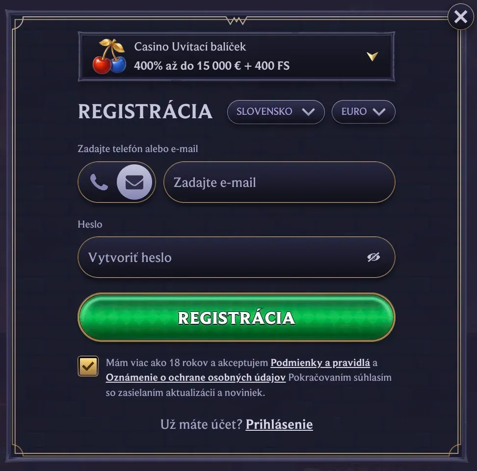 Registračný formulár v Lolajack casino